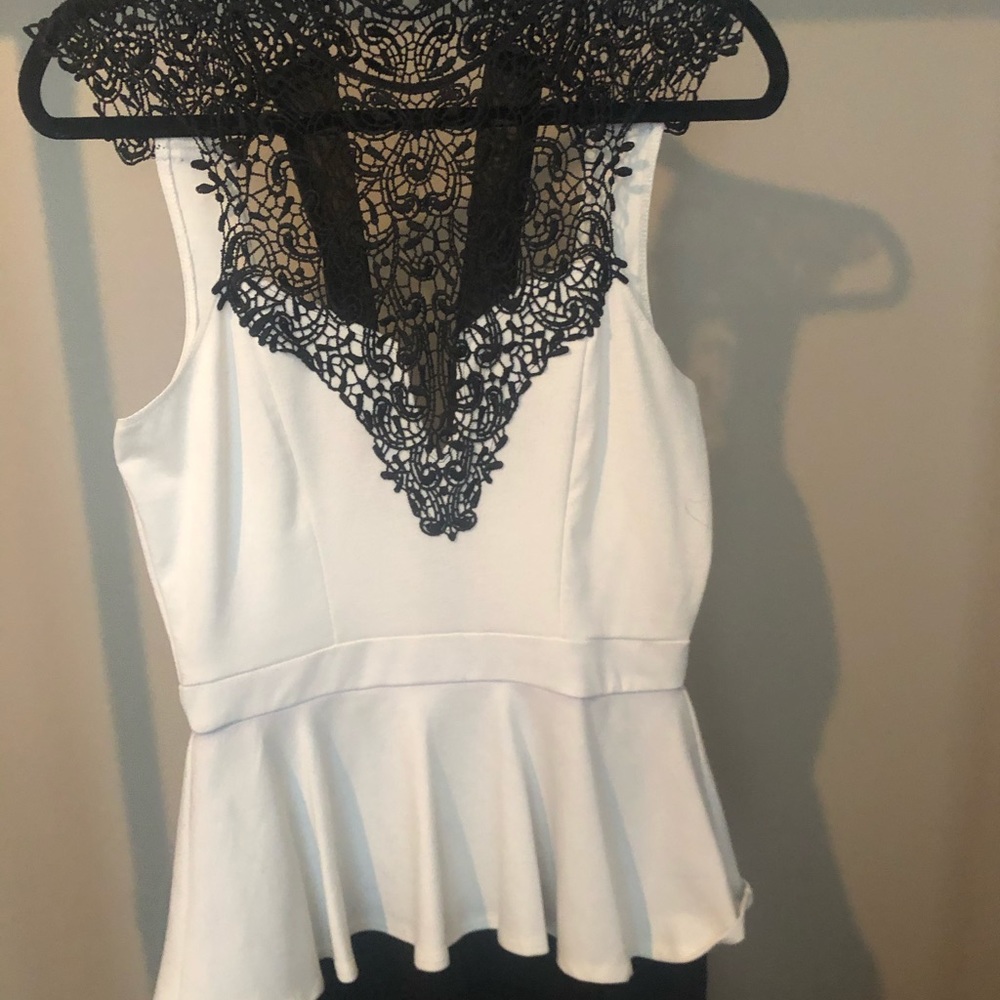 Black and white lace peplum mini dress